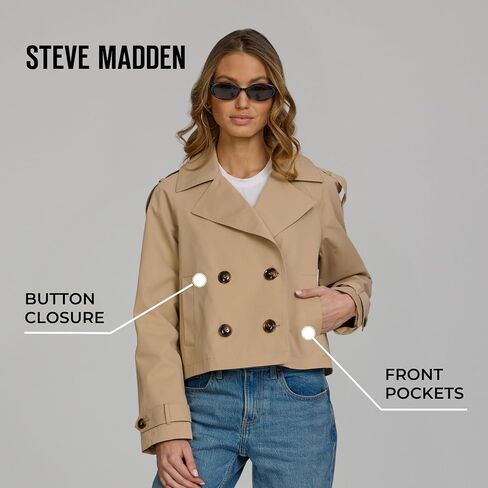 Steve Madden Women's Oversized Cropped Lapel Jacket — Relaxed Fit, Double-Breasted Spring Trench Coat in Kuwait
