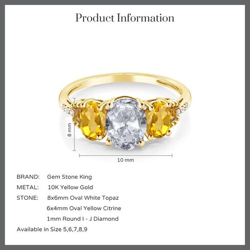 Gem Stone King 2.44 Ct Oval White Topaz Yellow Citrine 10K Yellow Gold Ring in Kuwait