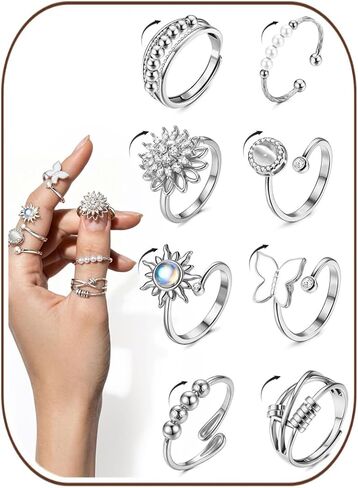 FIBO STEEL Fidget Anxiety Rings for Women - 8Pcs 14K Gold Plated Spinner Adjustable Rings Stress Relief Open Ring Stacks CZ Sun flower Butterfly Bead Evil Eye Non Tarnish Ring Set in Kuwait