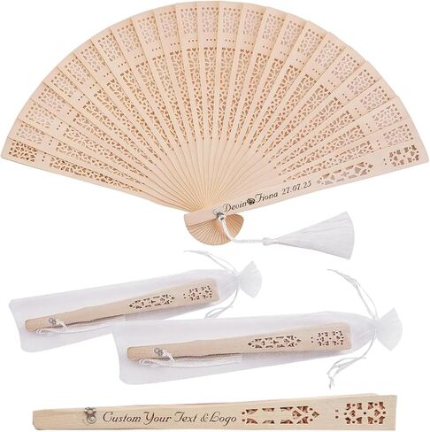 50Pcs Handheld Foldable Wedding Wooden Fans Personalized Custom Sandalwood Fans with Tassels and Organza Bags Wedding Favors for Guests Baby Shower Birthday Party Gift Bulk (50) in Saudi Arabia