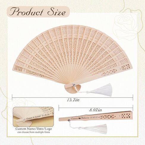 50Pcs Handheld Foldable Wedding Wooden Fans Personalized Custom Sandalwood Fans with Tassels and Organza Bags Wedding Favors for Guests Baby Shower Birthday Party Gift Bulk (50) in Saudi Arabia