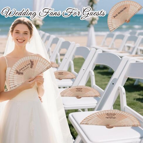 YSDZDM 50Pcs Personalized Fans for Wedding Guests Bulk Custom Wooden Hand Fan Foldable Wedding Favors for Guests Birthday,Party Favors with Organza Bags & Tassels in Kuwait