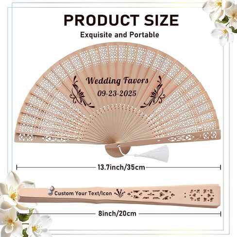 YSDZDM 50Pcs Personalized Fans for Wedding Guests Bulk Custom Wooden Hand Fan Foldable Wedding Favors for Guests Birthday,Party Favors with Organza Bags & Tassels in Kuwait