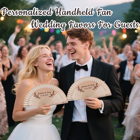 YSDZDM 50Pcs Personalized Fans for Wedding Guests Bulk Custom Wooden Hand Fan Foldable Wedding Favors for Guests Birthday,Party Favors with Organza Bags & Tassels in Kuwait