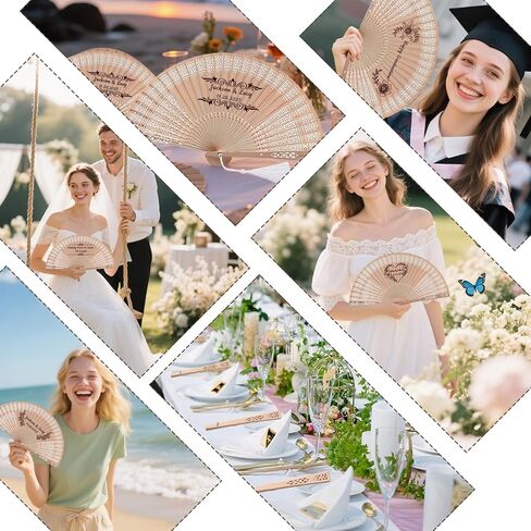 YSDZDM 50Pcs Personalized Fans for Wedding Guests Bulk Custom Wooden Hand Fan Foldable Wedding Favors for Guests Birthday,Party Favors with Organza Bags & Tassels in Kuwait