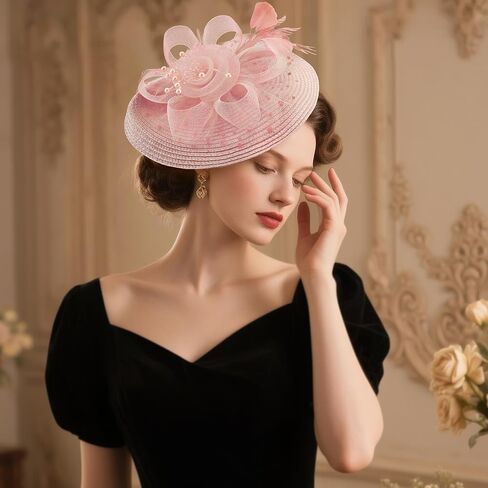 DRESHOW Fascinators Hat Flower Mesh Feathers Hat with a Headband and a Clip 7.9" Tea Party Headwear for Women in Kuwait