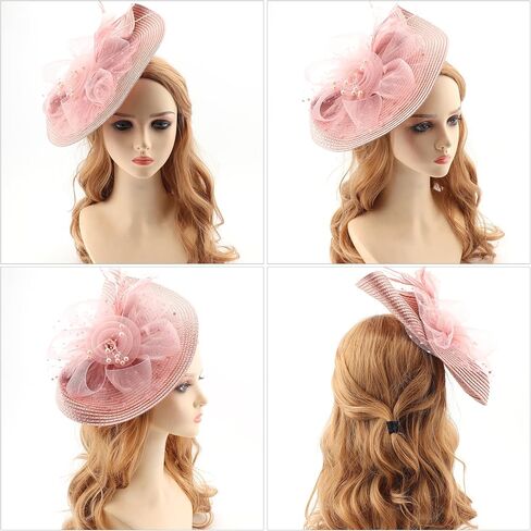 DRESHOW Fascinators Hat Flower Mesh Feathers Hat with a Headband and a Clip 7.9" Tea Party Headwear for Women in Kuwait
