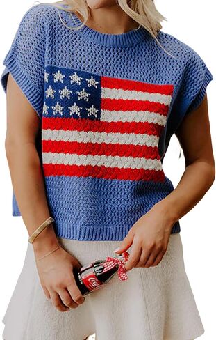 KevaMolly Women American Flag Lightweight Sweater Vest Short Sleeve Patriotic Knit Top for Summer 4th of July Holiday in Saudi Arabia