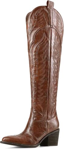 Women's Embroidered Cowboy Boots Over the Knee Western Boots Wide Calf Chunky Heel Pointed Toe Thigh High Cowgirl Riding Boots in Saudi Arabia