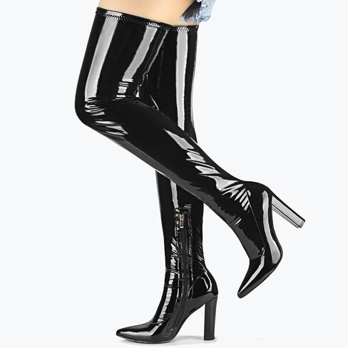 Women Thigh High Boots Chunky Heel Over The Knee Boots Patent Leather PU Stretchy Tall Boots Sexy Pointed Toe Fashion GOGO Boots Prom Party Knee High Boots in Saudi Arabia