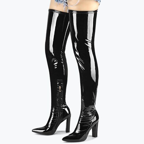 Women Thigh High Boots Chunky Heel Over The Knee Boots Patent Leather PU Stretchy Tall Boots Sexy Pointed Toe Fashion GOGO Boots Prom Party Knee High Boots in Saudi Arabia