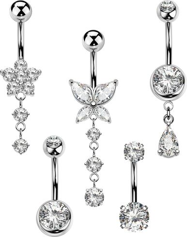 5PCS Belly Button Rings for Women 14G Dangle Navel Piercing Jewelry Set Surgical Stainless Steel Body Jewelry with CZ Butterfly Flower Teardrop Barbell for Beach Festival Daily in Saudi Arabia