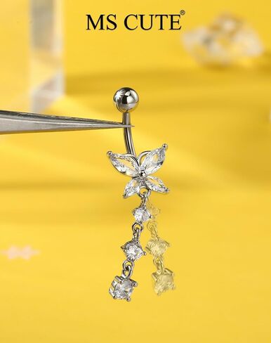 5PCS Belly Button Rings for Women 14G Dangle Navel Piercing Jewelry Set Surgical Stainless Steel Body Jewelry with CZ Butterfly Flower Teardrop Barbell for Beach Festival Daily in Saudi Arabia