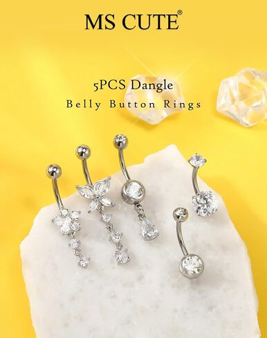 5PCS Belly Button Rings for Women 14G Dangle Navel Piercing Jewelry Set Surgical Stainless Steel Body Jewelry with CZ Butterfly Flower Teardrop Barbell for Beach Festival Daily in Saudi Arabia
