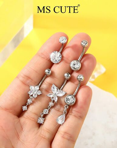 5PCS Belly Button Rings for Women 14G Dangle Navel Piercing Jewelry Set Surgical Stainless Steel Body Jewelry with CZ Butterfly Flower Teardrop Barbell for Beach Festival Daily in Saudi Arabia