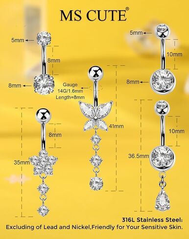 5PCS Belly Button Rings for Women 14G Dangle Navel Piercing Jewelry Set Surgical Stainless Steel Body Jewelry with CZ Butterfly Flower Teardrop Barbell for Beach Festival Daily in Saudi Arabia