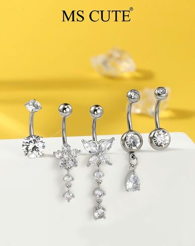 5PCS Belly Button Rings for Women 14G Dangle Navel Piercing Jewelry Set Surgical Stainless Steel Body Jewelry with CZ Butterfly Flower Teardrop Barbell for Beach Festival Daily in Saudi Arabia