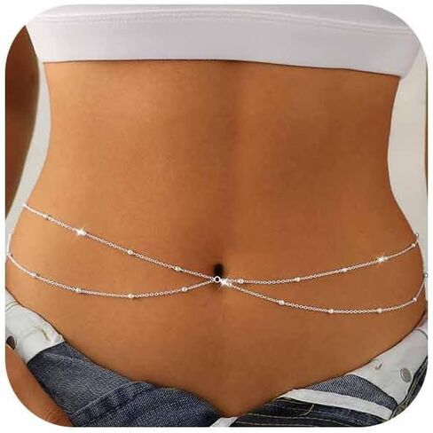 14K Gold Plated Waist Chain for Women Dainty 2Pcs Layered Belly Chain Beaded Pearl Body Chain Belt Set Waterproof Summer Beach Bikini Jewelry Accessories Adjustable Waist Beads Gift in Kuwait