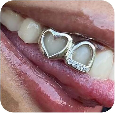 Teeth Grills for Women Grillz Teeth Men Tooth Gems Cap Hollow Heart Mouth Grills Tooth Jewelry for Hip Hop Single Grillz with Molding Bar Rapper Outfits Costume Accessory Halloween Party in Saudi Arabia