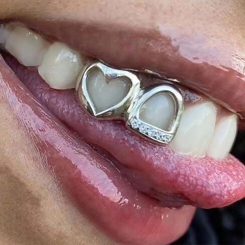 Teeth Grills for Women Grillz Teeth Men Tooth Gems Cap Hollow Heart Mouth Grills Tooth Jewelry for Hip Hop Single Grillz with Molding Bar Rapper Outfits Costume Accessory Halloween Party in Saudi Arabia