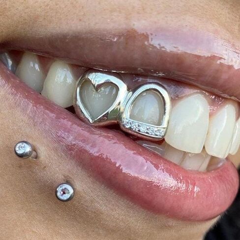 Teeth Grills for Women Grillz Teeth Men Tooth Gems Cap Hollow Heart Mouth Grills Tooth Jewelry for Hip Hop Single Grillz with Molding Bar Rapper Outfits Costume Accessory Halloween Party in Saudi Arabia