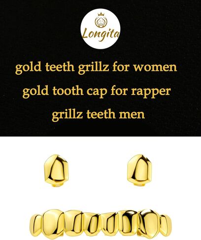 Longita 1set Gold Grills for Your Teeth Grillz for Women Teeth Men Gold Tooth Cap Grillz for Women Golden Mouth Grills Upper and Lower Tooth Jewelry Hip Hop Outfits Custom Accessory Halloween Party in Kuwait