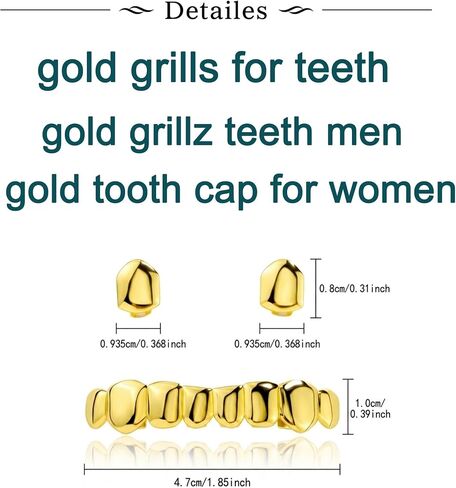 Longita 1set Gold Grills for Your Teeth Grillz for Women Teeth Men Gold Tooth Cap Grillz for Women Golden Mouth Grills Upper and Lower Tooth Jewelry Hip Hop Outfits Custom Accessory Halloween Party in Kuwait