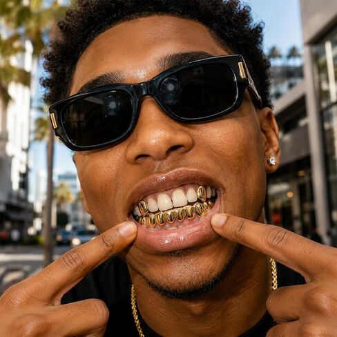 Longita 1set Gold Grills for Your Teeth Grillz for Women Teeth Men Gold Tooth Cap Grillz for Women Golden Mouth Grills Upper and Lower Tooth Jewelry Hip Hop Outfits Custom Accessory Halloween Party in Kuwait