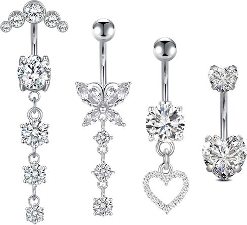 14G Dangle Belly Button Rings Set Navel Piercing Jewelry - Smooth Edges for Summer Outfits, 1.6mm Silver Tone CZ Butterfly Heart Flower Rings 5 Pcs in Saudi Arabia