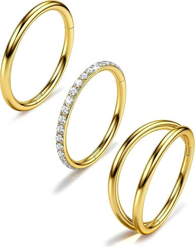 316L Stainless Steel Nose Ring Set – 3PCS Nose Hoops with Cubic Zirconia, 20G/18G, Silver/Black/Gold, 7mm/8mm Sizes, Seamless & Hinged Design for Sensitive Skin Jewelry in Saudi Arabia