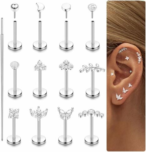 Fansilver 14K Gold Plated Threadless Flat Back Earrings for Women Men 316L Surgical Steel Push in Nose Piercings Lip Rings CZ Nostril Helix Conch Medusa Tragus Piercing Jewelry 16/18/20G in Kuwait