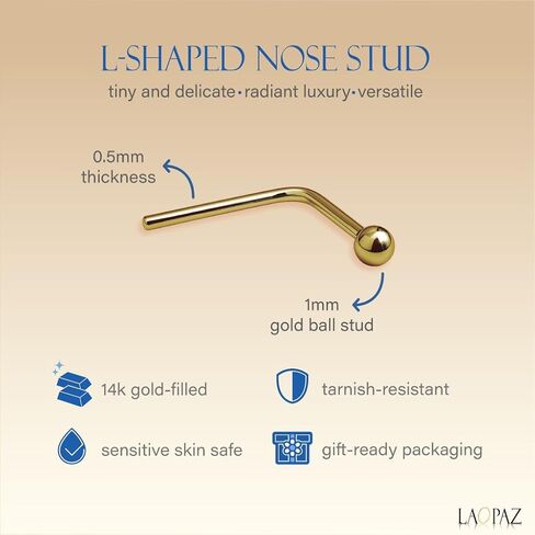 14K Gold Filled L Shaped Nose Stud - Tiny 1mm Misro Ball 24G Thin Post 0.5mm - Hypoallergenic Minimalist Nostril Piercing Jewelry For Women - Tarnish Resistant Body Ring in Saudi Arabia