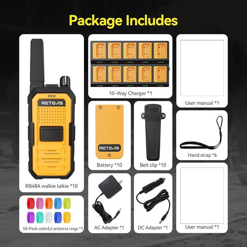 Retevis RB48A IP67 Waterproof Walkie Talkies Long Range Adults, Heavy Duty 2 Way Radio, Noise Reduction, Large PTT, 1000mW Speaker, 23-Hour, Rechargeable, for Manufacturing Construction (10 Pack) in Saudi Arabia