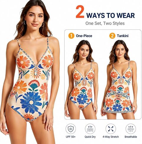 Push Up Bikini Sets for Women with One Piece Swimsuit & Cover Up Skirt with Floral Prints for Beach Vacation in Saudi Arabia