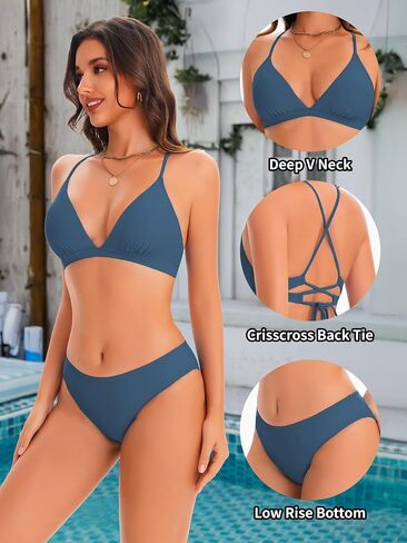 karrack Bikini Set for Women Two Piece Triangle Swimsuits V Neck Low Rise Crisscross Back Self Tie Spaghetti Straps in Saudi Arabia
