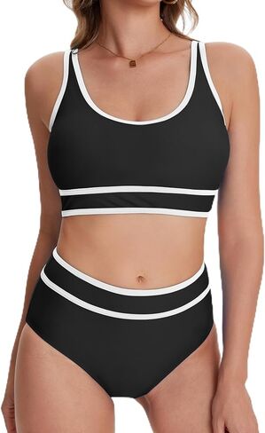 karrack Womens High Waisted Bikini Sets Sporty Two Piece Swimsuits Color Block Cheeky High Cut Bathing Suits in Saudi Arabia