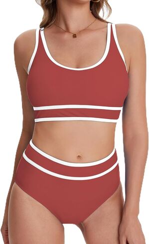 karrack Womens High Waisted Bikini Sets Sporty Two Piece Swimsuits Color Block Cheeky High Cut Bathing Suits in Saudi Arabia