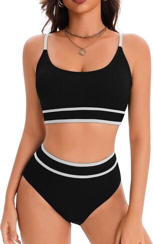 karrack Women's High Waisted Bikini Sets Ribbed Two Piece Swimsuit High Cut Color Block Adjustable Straps Bathing Suit in Saudi Arabia