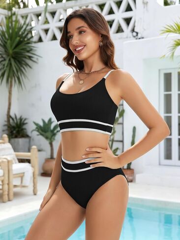 karrack Women's High Waisted Bikini Sets Ribbed Two Piece Swimsuit High Cut Color Block Adjustable Straps Bathing Suit in Saudi Arabia