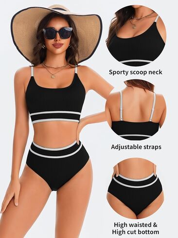 karrack Women's High Waisted Bikini Sets Ribbed Two Piece Swimsuit High Cut Color Block Adjustable Straps Bathing Suit in Saudi Arabia