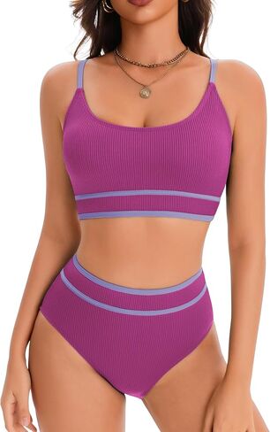 karrack Women's High Waisted Bikini Sets Ribbed Two Piece Swimsuit High Cut Color Block Adjustable Straps Bathing Suit in Saudi Arabia