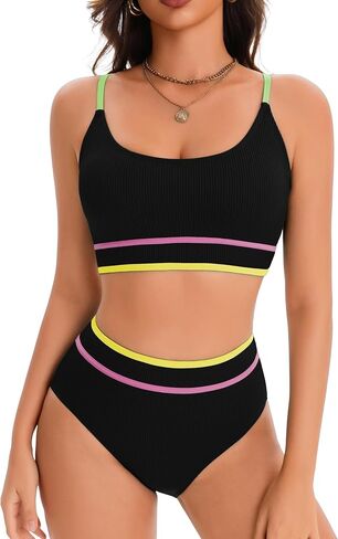 karrack Women's High Waisted Bikini Sets Ribbed Two Piece Swimsuit High Cut Color Block Adjustable Straps Bathing Suit in Saudi Arabia