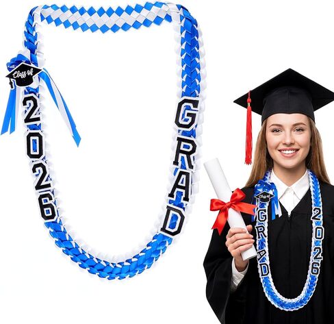 Graduation Lei 2026, Blue Double Strand Ribbon Lei | Handwoven, Decorated with Letters, Wreath & Graduation Cap, High School & Graduation ceremonies, DIY Decors Party Supplies in Saudi Arabia