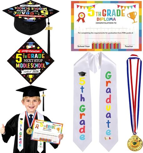 4Pcs 5th Graduation Decorations 2026, 5th Grade Graduation Stole Sash, Cap, Medal, Certificate Set, Elementary Grad Party Accessories for Boy Girl Gifts Supplies, Next Stop Middle School in Saudi Arabia