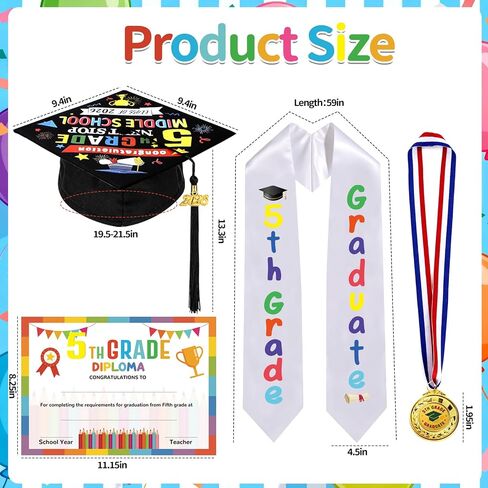 4Pcs 5th Graduation Decorations 2026, 5th Grade Graduation Stole Sash, Cap, Medal, Certificate Set, Elementary Grad Party Accessories for Boy Girl Gifts Supplies, Next Stop Middle School in Saudi Arabia