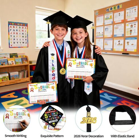 4Pcs 5th Graduation Decorations 2026, 5th Grade Graduation Stole Sash, Cap, Medal, Certificate Set, Elementary Grad Party Accessories for Boy Girl Gifts Supplies, Next Stop Middle School in Saudi Arabia