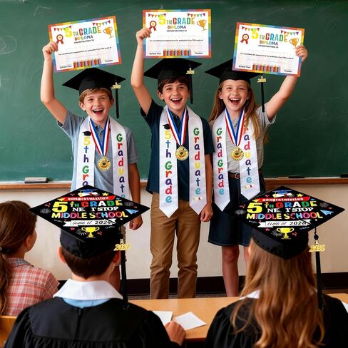 4Pcs 5th Graduation Decorations 2026, 5th Grade Graduation Stole Sash, Cap, Medal, Certificate Set, Elementary Grad Party Accessories for Boy Girl Gifts Supplies, Next Stop Middle School in Saudi Arabia