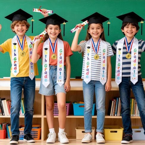 4Pcs 5th Graduation Decorations 2026, 5th Grade Graduation Stole Sash, Cap, Medal, Certificate Set, Elementary Grad Party Accessories for Boy Girl Gifts Supplies, Next Stop Middle School in Saudi Arabia