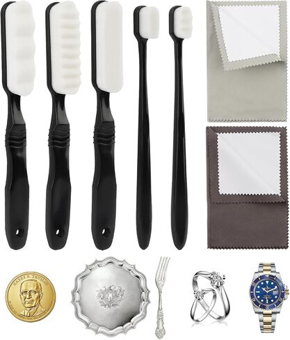 7-Piece Jewelry Cleaning Kit, Silver Care Tool Set with Horsehair Brushes, Flat, Wavy and Serrated Heads, Includes 2 Polishing Cloths for Rings, Necklaces, Watches and Antiques in Saudi Arabia