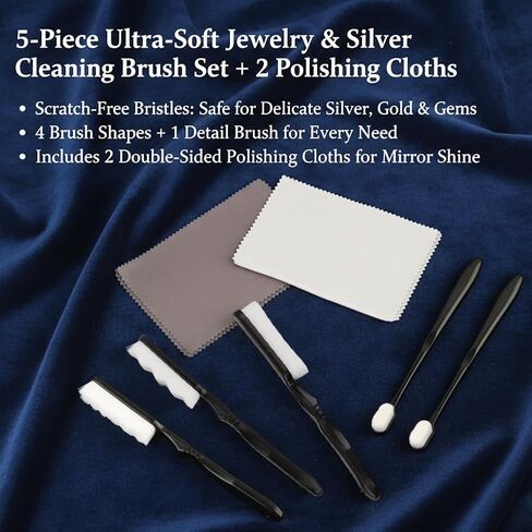 7-Piece Jewelry Cleaning Kit, Silver Care Tool Set with Horsehair Brushes, Flat, Wavy and Serrated Heads, Includes 2 Polishing Cloths for Rings, Necklaces, Watches and Antiques in Saudi Arabia